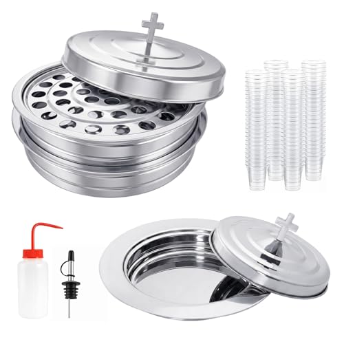 Communion Tray Set for Churches, 2 Wine Trays with Lids & Bread Tray - color: Silver