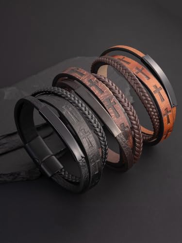 Mens Leather Cross Bracelet Multilayer Braided Wristband Bangle Bracelets with Stainless Steel Buckle Religious Gift for Men Brown/Black/Blue–8.3 inch - color: Black-2, size: 8.3in(Fits most wrists)