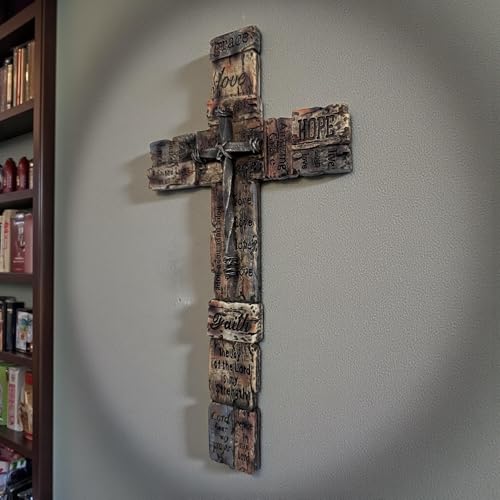 Top Brass Inspirational Rustic Wood-Look Wall Cross with Faux Iron Center – Resin Scripture Cross - Religious Sayings Jesus Art Sculpture