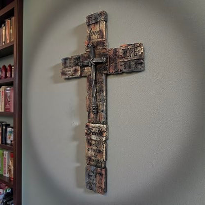 Top Brass Inspirational Rustic Wood-Look Wall Cross with Faux Iron Center – Resin Scripture Cross - Religious Sayings Jesus Art Sculpture