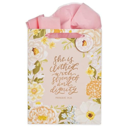 Christian Art Gifts Large Gift Bag with Tissue, Strength & Dignity, Pink - color: Be Still/Multicolor Floral, style: Large Portrait