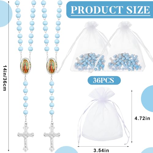 Taiyin 36 Pcs Wooden Bead Rosary Necklace with Crucifix and Our Lady of Guadalupe Scented First Communion Rosary with 36 Organza Bags Baptism Favors Catholic Gift for Men Women - color: Light Blue