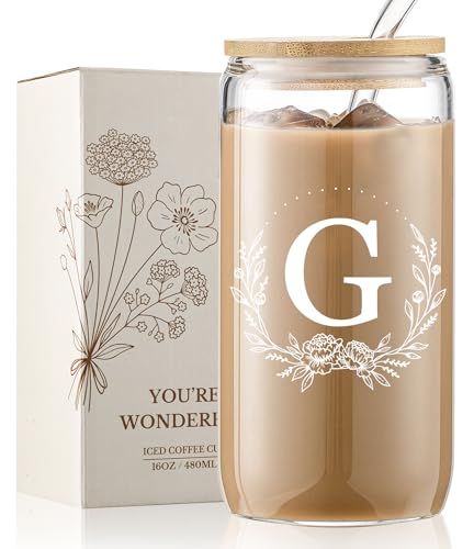 Personalized Gifts for Women, Monogrammed 16oz Glass Cups with Bamboo Lids and Straws, Customized Glass Tumbler, Cute Custom Mug, Customizable Initial Iced Coffee Glasses, Birthday Bridesmaid Mom, G - style: G
