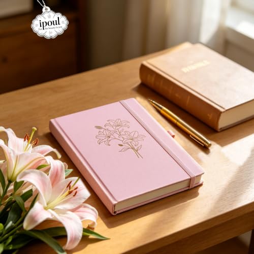 Linen Journal, Pink Notebook, Journal for Women, A5, 6"x8", Hardcover, Lay-flat, Ruled Paper, Lily Flower - color: Linen-Lily-Pink