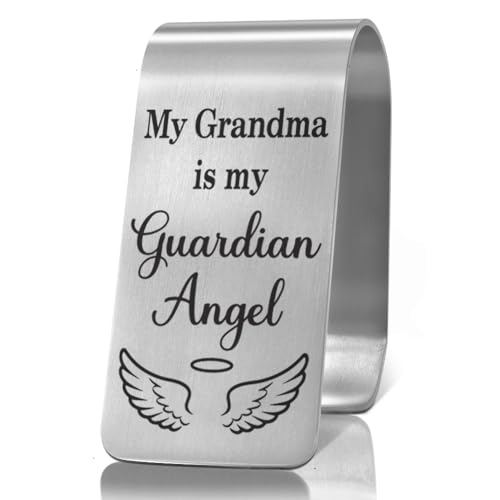 XQLZY My Grandma is My Guardian Angel Engraved Stainless Steel Car Visor Clip, Travel Visor Car Accessories for Grandson Granddaughter, Sweet 16 Birthday Gifts, Drive Safe Reminder Present - color: Sliver070