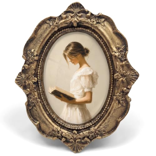 Vintage Reading Girl Small Bronze Oval Picture Frame, Elegant Women Mini Ornate Photo Frame Baroque for Wall Art Decor TableTop, Preppy Framed Artwork Gifts for Dorm Bedroom Book Lovers 4x5in - color: read