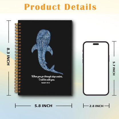 JINYO Whale Shark Christian Notebook for Women Men, Isaiah 43:2 Bible Journaling Notebook, Religious Prayer Journal for Woman, Church Notes Journal, Scripture Spiral Notebooks 5.5x8.3 Inch(black) - color: white Christian Notebook-1