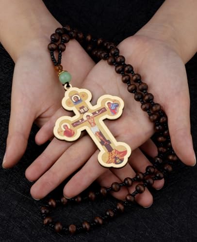 COTTVOTT Wood Rosary Beads Cross Necklace Men Prayer Eastern Orthodox Crucifix Jesus Pendant Necklace - color: color-4