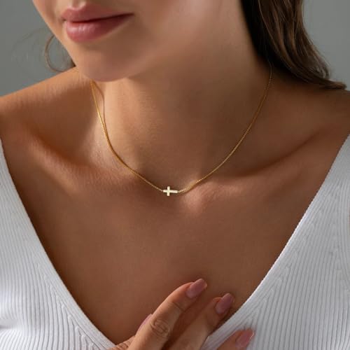 Rotnso Cross Necklace for Women 14K Gold Plated Dainty Small Pendant Choker - style: Box Chain Sideways Cross-GD