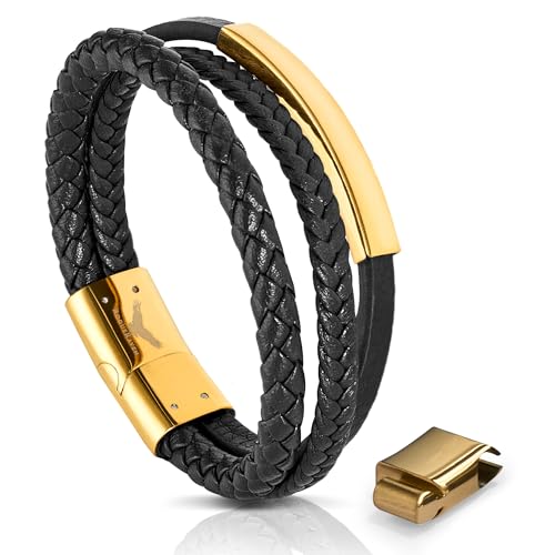 RogueRaven Black Leather Bracelet for Men – Premium Collection – Brown Black Gold Silver | Genuine Leather Mens Bracelet with Stainless Steel Clasp [Adjustable] | In Luxury Gift Box - color: black gold