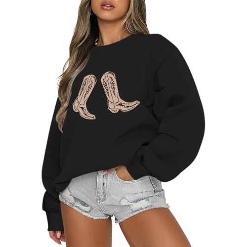 Western Cowgirl Boots Graphic Sweatshirts For Women Country Vintage Hoodies Long Sleeve Cowboy Rodeo Shirts Pullover - color: Black, size: Small
