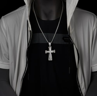 COOLSTEELANDBEYOND Mens Womens EXTRA LARGE Steel Cross Pendant Necklace with Cubic Zirconia and Wheat Chain - color: A-Metal Color: Silver