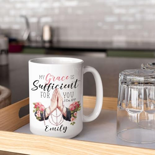 My Grace Is Sufficient For You Cup, Personalized Praying Hands And Roses Design Mug, Customized Name Bible Verse Coffee Cup, Custom Religious Mug 11oz Or 15oz, Gift For Friend - color: TRI-1223-1149-MY GRACE MUG