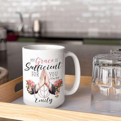 My Grace Is Sufficient For You Cup, Personalized Praying Hands And Roses Design Mug, Customized Name Bible Verse Coffee Cup, Custom Religious Mug 11oz Or 15oz, Gift For Friend - color: TRI-1223-1149-MY GRACE MUG