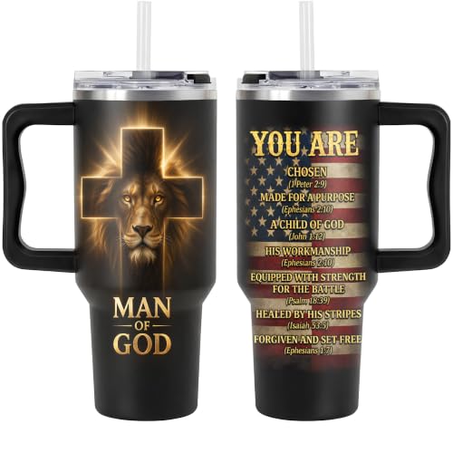 Christian Gifts for Men, Religious Gifts for Mens, Man of God Gifts, Christian Gifts for Husband, Dad, Grandpa, Fathers Day, Birthday, Christmas, 40 Oz Tumbler with Handle Lid Insulated - color: Christian Men
