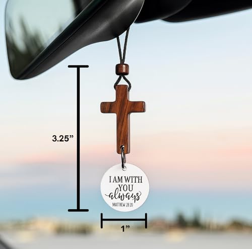 Daily Bible Verse Rearview Mirror Cross Ornament – Daily Scripture Car Charm Hanging Cross for Car with “I Am with You Always” Medallion (White) - color: White
