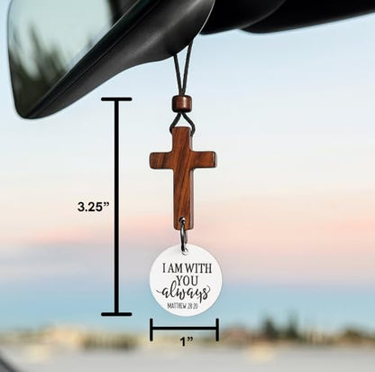 Daily Bible Verse Rearview Mirror Cross Ornament – Daily Scripture Car Charm Hanging Cross for Car with “I Am with You Always” Medallion (White) - color: White