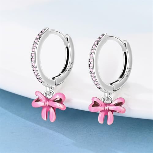 925 Sterling Silver Cute Animal Unique Huggie Hoop Earrings for Women - color: Pink Bow