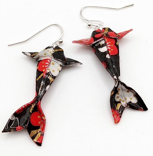 Paper Origami Koi Fish Earrings, 6 Color Patterns - color: Black Red White