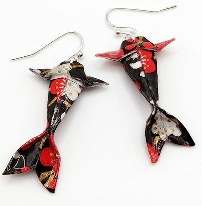 Paper Origami Koi Fish Earrings, 6 Color Patterns - color: Black Red White