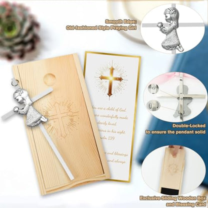Baptism Gifts for Boys & Girls,First Communion Gifts for Kids,Christening Baby Shower Party 6in Praying Cross (1pc Silver Girl with Wooden Box) - color: Pink
