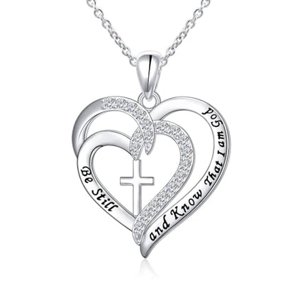 S925 Sterling Silver Christian Cross Heart Faith Bible Verse Necklace Rings - style: Be Still and Know That I am God