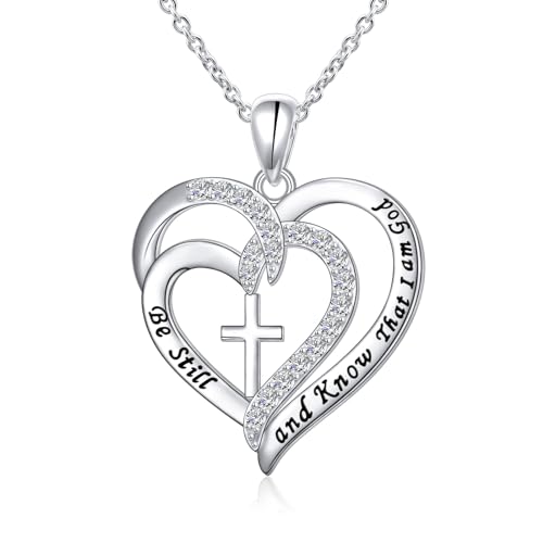 S925 Sterling Silver Christian Cross Heart Faith Bible Verse Necklace Rings - style: Be Still and Know That I am God