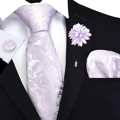 GUSLESON Paisley Tie Set for Men 3.15" Necktie Lapel Pin Hankerchief Cufflinks Set for Men - color: Light Purple
