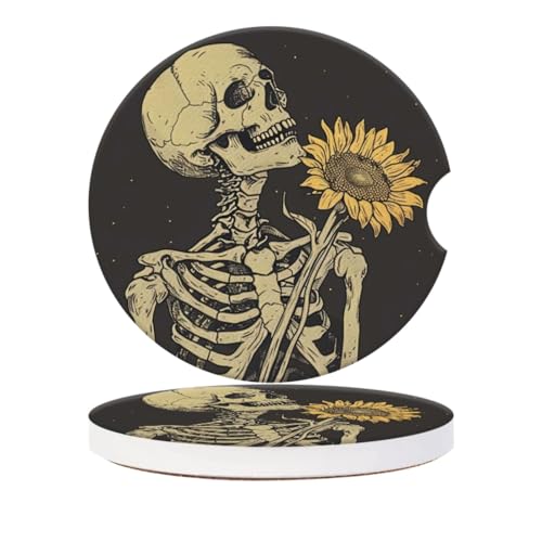 Cup Holder for Car,Skull Embracing A Sunflower Design Ceramic Coasters Non-Slip Cup Holder Insert with Fingertip Grip, Auto Interior Accessories for Women & Men,Pack of 2, 2.56In - color: Skeleton Embracing a Sunflower
