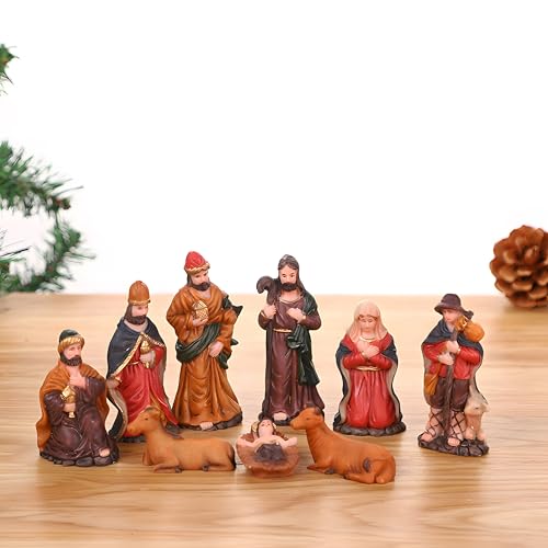 Mini Nativity Set 9pcs, Resin Nativity Scene Figurines Baby Jesus Oranment for Home Office Tabletop Decoration Desktop Collectibles Decor - size: 9 pcs