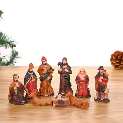 Mini Nativity Set 9pcs, Resin Nativity Scene Figurines Baby Jesus Oranment for Home Office Tabletop Decoration Desktop Collectibles Decor - size: 9 pcs