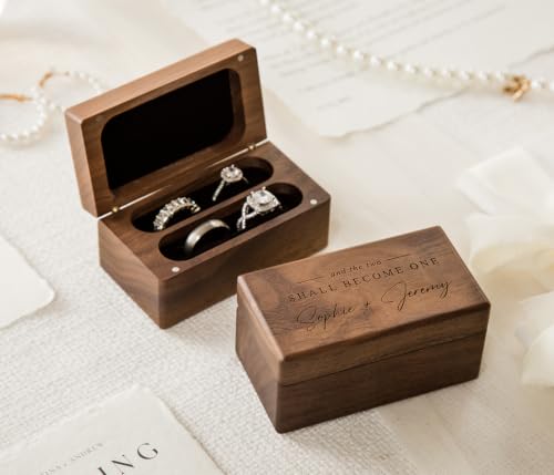 MUUJEE Custom Name Wedding Ring Box - Quad Slot Walnut Wood Ring Holder - color: Custom Two Become One