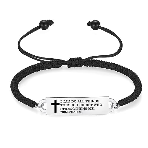 Bible Verse Bracelet-Stainless Steel Scripture Quotes Inspirational Bracelet Faith Christian Bracelet for Women, Christmas gift for women - color: Braided rope-Black