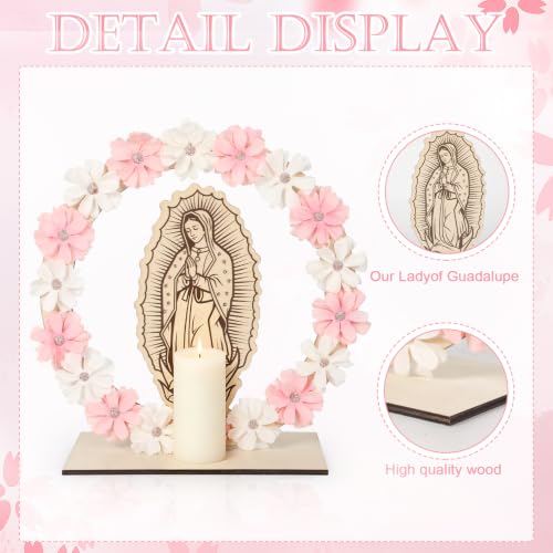 6 Set Our Lady of Guadalupe Wooden Table Statues 10 Inch Virgen De Guadalupe Picture Frames Baptism Centerpieces with 18 Flowers Baptism Favors for Guests First Communion Gifts Catholic Church Decor
