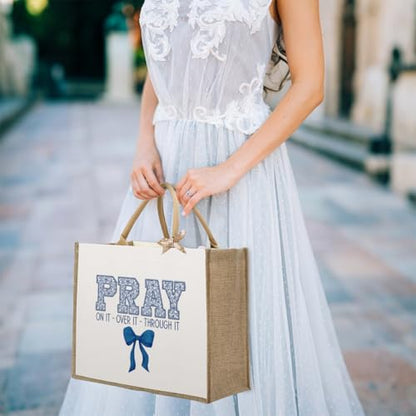 KongMoTree Christian Tote Bags, Coquette Bow Bag with Floral Christians Gifts for Mom, Wife, Sisters, Best Friends - color: Pray on It Over It Through It Blue