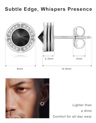 KRKC&CO Earrings for Men, Sterling Silver Earrings Studs, Hypoallergenic - color: Black L