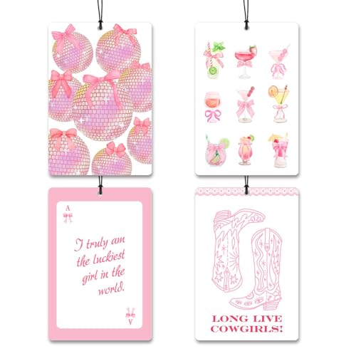 Pink Cowgirl Car Air Freshener 4Pcs,Western Pink Bow Hanging Freshies,Cowgirl Boots Rearview Mirror Decor,Disco Ball Cocktail Car Accessories,Cute Western Car Decor Gifts - color: pinkball