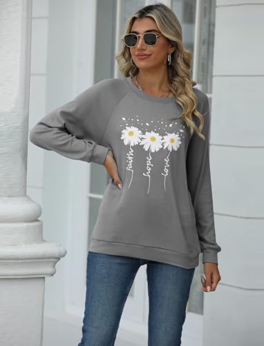 EADINVE Women Daisy Print Sweatshirts Crewneck Long Sleeve Pullover Tops - color: Grey, size: X-Large