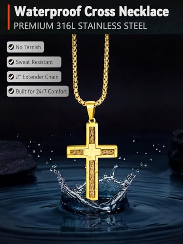 FaithHeart Stainless Steel Cross Necklace for Men, Silver/Black/Gold Cross Chains for Men Religious Amulet Necklaces Christian Gifts for Dad - style: Twist Cross-Gold