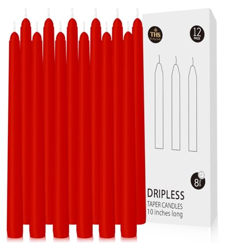 12-Pack Taper Candles (10-Inch) – Dripless & Smokeless Long Burning (8 Hours) – Unscented Hand Poured Wax Candlesticks for Weddings, Dinner Parties, & Home Decor (Red) - color: Red