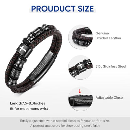 Christian Brown Leather Bracelet for Men - Double-Row Braided Leather Faith Cross Bracelets Bangle Religious Baptism Inspirational Bible Verse Jewelry Gift for Young Men Teenage, Adjustable Wristband - color: JOHN 3: 16
