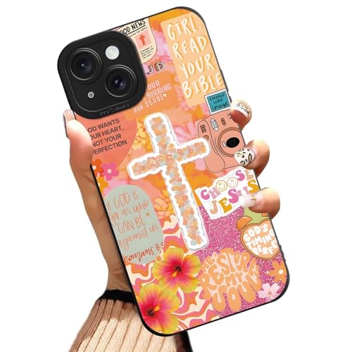 Aesthetics Jesus Christian Cross Collage Phone Case for iPhone 15 Case Flower Pattern Shockproof Soft Protective for Women Men Phone Cover Funda for iPhone 15 6.1 Inch - color: Black, size: for iPhone 15