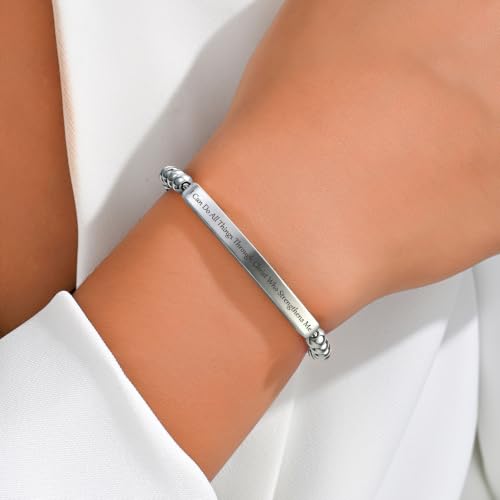 Inspirational Christian Bracelet for Women, Stainless Steel Beaded Cross Jewelry with Bible Verse, Religious Faith Gift for Mom, Daughter, Sister, Friend - color: I can do all things through Christ who strengthens me-Silver Bead