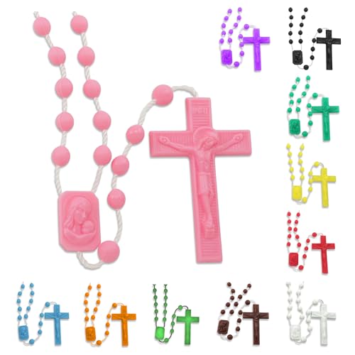 RosaryMart Catholic Rosary Beads for Prayer – Pink Plastic Rosary Necklace with Crucifix, Durable Nylon Cord, Made in Italy, Devotional Prayer Beads for Women and Men – Pack of 100 - color: Pink, size: 100 per bag