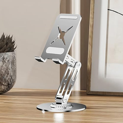 All-Metal Cell Phone Stand 360° Rotatable & Height Adjustable - 25KG Super Load-Bearing, Foldable Desk Stand for Phone, Compatible with iPhone 17/16/15/14, Nintendo Switch, Silver - color: B-Tri-Fold - Silver