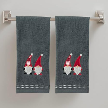 Christmas Gray Grey Guest Hand Bathroom Towels, Jolly Nordic Gnomes, 16x26" - color: Holiday Gnomes