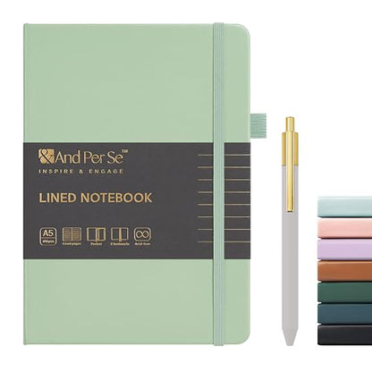 &And Per Se Lined Journal and Pen Set, A5 Leather Hardcover Notebook with Pen & Stationary Set, 160 Pages 100GSM Thick Ruled Paper Journal for Business Work Writing (Light Green) - color: Light Green