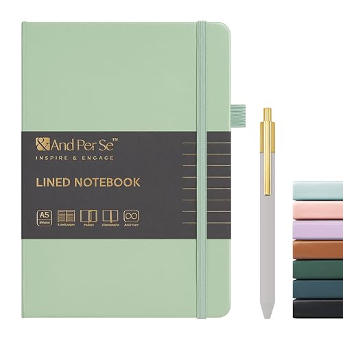 &And Per Se Lined Journal and Pen Set, A5 Leather Hardcover Notebook with Pen & Stationary Set, 160 Pages 100GSM Thick Ruled Paper Journal for Business Work Writing (Light Green) - color: Light Green