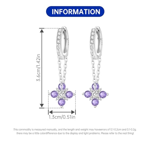 925 Sterling Silver Drop & Dangle Earrings for Women,Butterfly Dragonfly and Bee|Flower and leaf Earrings, Suitable for Sensitive Ears Fashion Jewelry Gift- Hypoallergenic Earrings - color: Purple flower chain