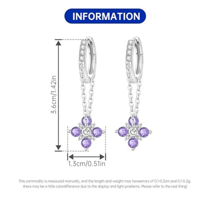 925 Sterling Silver Drop & Dangle Earrings for Women,Butterfly Dragonfly and Bee|Flower and leaf Earrings, Suitable for Sensitive Ears Fashion Jewelry Gift- Hypoallergenic Earrings - color: Purple flower chain